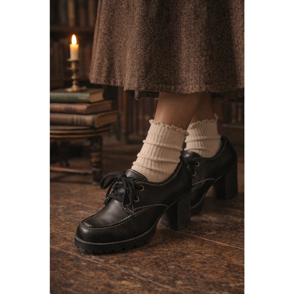Vtg 90s Y2k Lower East Side Loafers Women 8 Chunky Black Heels Academia Preppy